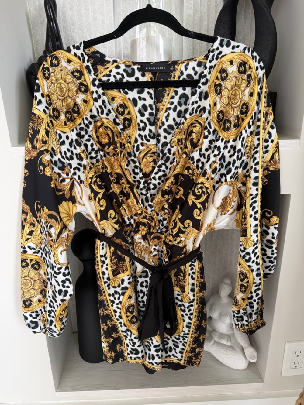 Baroque Print Wrap Romper in Black, White & Gold